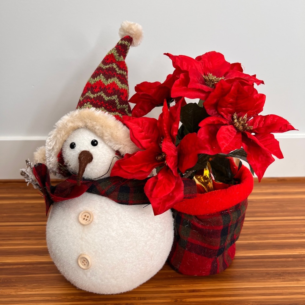 Charming Snowman with Red Poinsettia Holiday Decor
